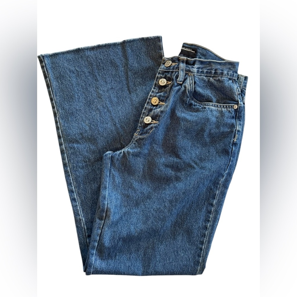 Vintage Button Fly Wide Leg Squeeze Blue Jeans Flare Women's 90's Denim Size 5 6 - Picture 4 of 11